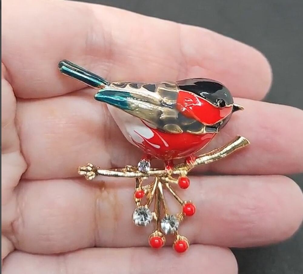 Bird on a Berry Branch Brooch Red Black Enamel & Rhinestones on Gold Tone Metal